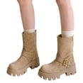 thumbnail image 1 of Motorcycle Boots for Women Platform Chunky Lug Sole Slip on Mid Calf Boots Vintage Leather Round Toe Riding Booties Khaki 7, 1 of 8
