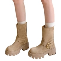 Motorcycle Boots for Women Platform Chunky Lug Sole Slip on Mid Calf Boots Vintage Leather Round Toe Riding Booties Khaki 7
