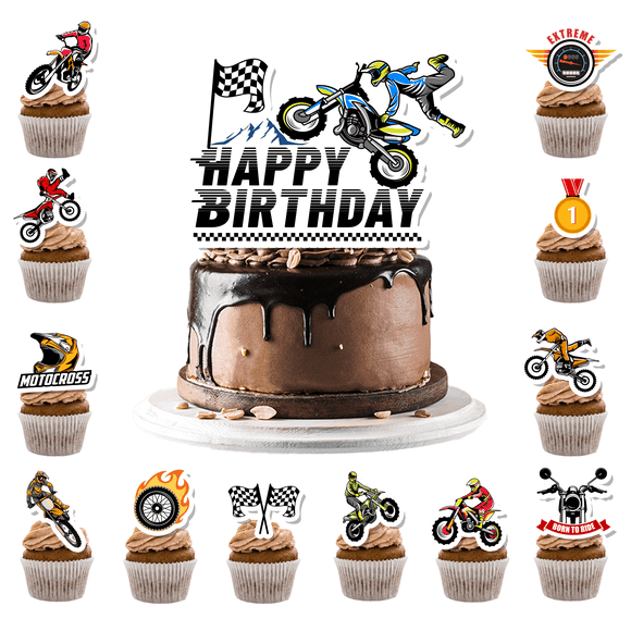 Motorcycle Cake Topper,24 Pcs Motorcycle Cupcake Toppers/Dirtbike Cupcake Toppers + 1 Pcs Dirt Bike Cake Topper/Motorcycle Birthday Cake Decorations, for Dirt Bike Birthday Party Decorations Supplies
