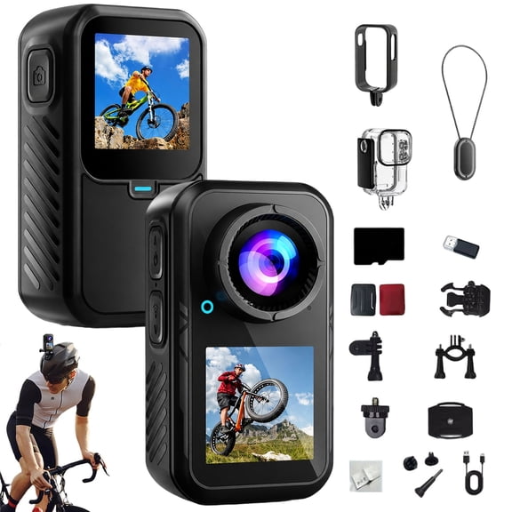 Motorcycle Camera, 5K HD Action Camera with Dual Screen, Image Stabilization and Memory Card, 24MP Waterproof Sports Cameras for Motorcycle Riding Cycling Diving Fishing and Travel,1080P-128GB