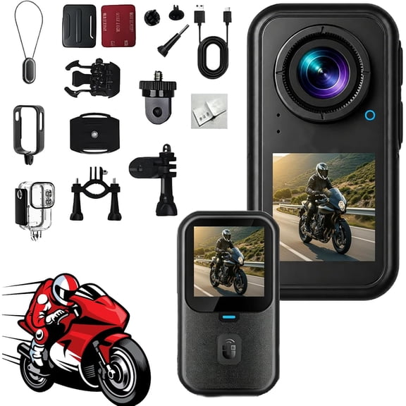 Motorcycle Camera, 5K HD Sports Camera, 24MP Motorcycle & Cycling Recorder, Magnetic Mount with 130° Wide Angle Lens, Suitable for Outdoor Riding and Diving