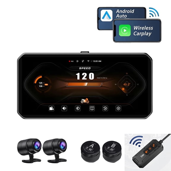 Motorcycle Camera with GPS Bigcan 6.25" QHD 2K Dual Dash Cam with Wireless CarPlay Android Auto, BSD Blind Spot Alert, Loop Recording, Waterproof DVR with TPMS