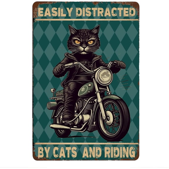Motorcycle Cat Tin Poster 8X12IN - Retro Farm Cafe Wall Art with Chalkboard Motifs for Living Room & Riding Enthusiast Gifts