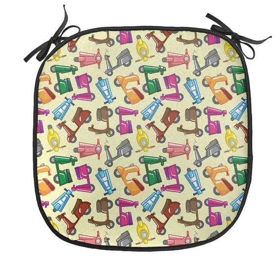 Motorcycle Chair Seating Cushion, Colorful Motorcycles Pattern with Toys Fun Style Art, Soft Seat Pads for Office with Anti-slip Backing, 16"x16", Blue Yellow, by Ambesonne