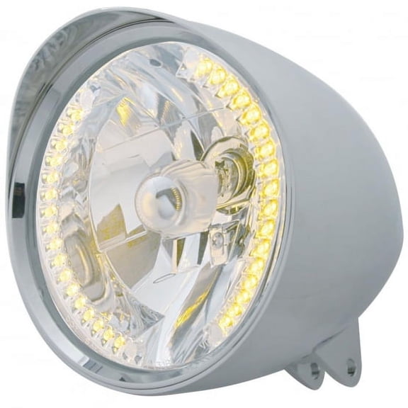 Motorcycle Chrome "Chopper" Headlight With Smooth Visor H4 Bulb With 34 Amber LED