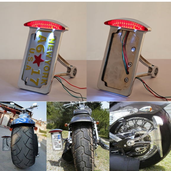 Motorcycle Chrome Side Mounted Flat License Plate Bracket w/Led Tail Light Brake Light 1" Axles Compatible with Harley Suzuki Kawasaki Cruisers