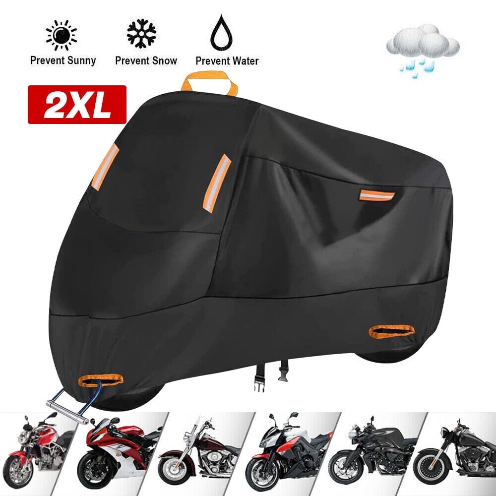 Motorcycle Cover (Four Seasons) Waterproof and Sun Protection Outdoor Night Reflective with Keyhole and Storage Pocket, (XXL: 90" x 35" x 50")