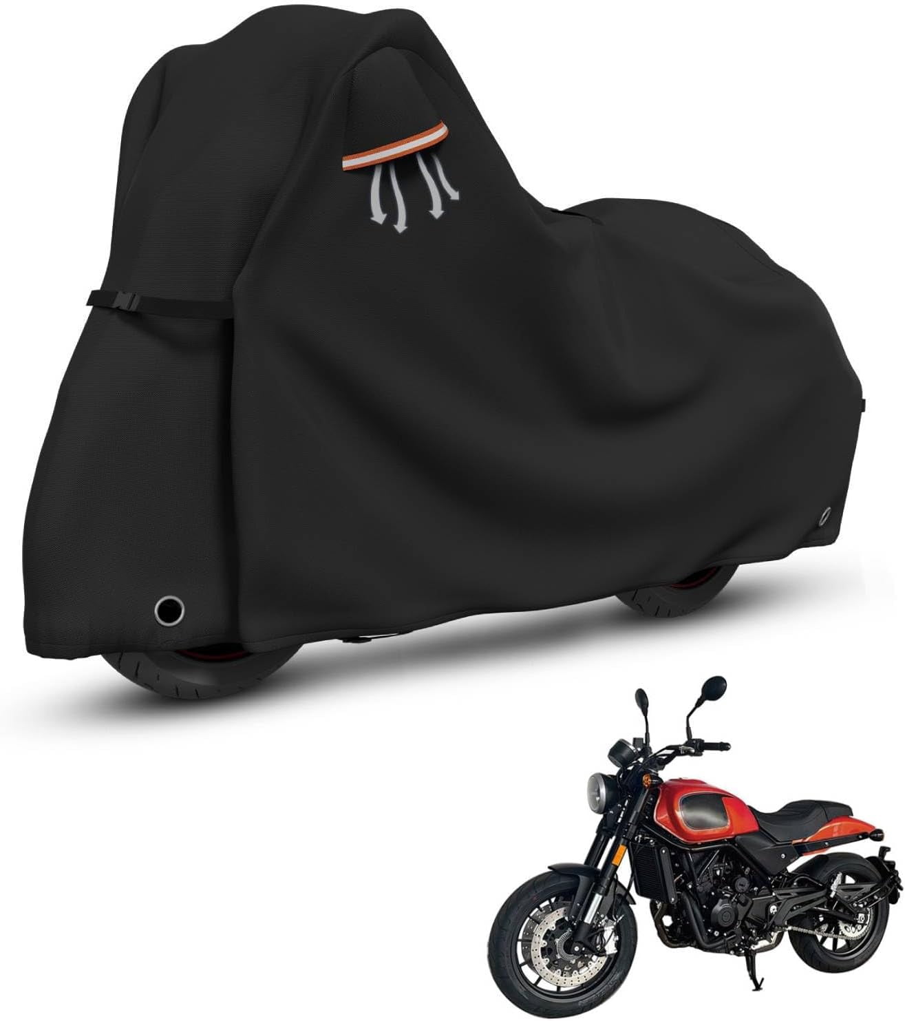 Motorcycle Cover Lock-Holes and Storage Bag All Season Universal Night Reflective Universal Heavy Duty Motorcycle Vehicle Cover-86 L x 41" W x 50" H Black