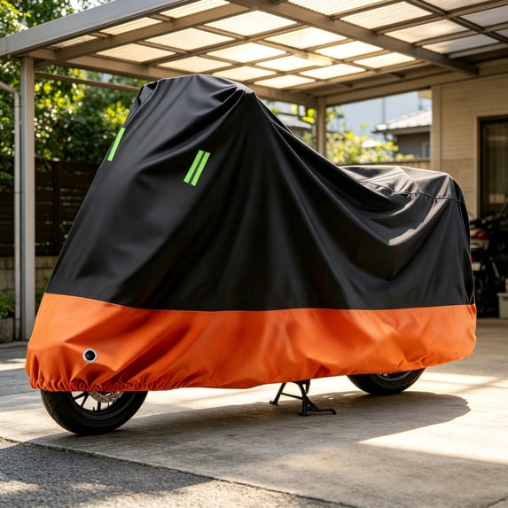 Motorcycle Cover with UV Reflective Heat Shield, Waterproof All Season Outdoor Storage Cover with Reflective Strip for Cruiser Sportbike Scooter