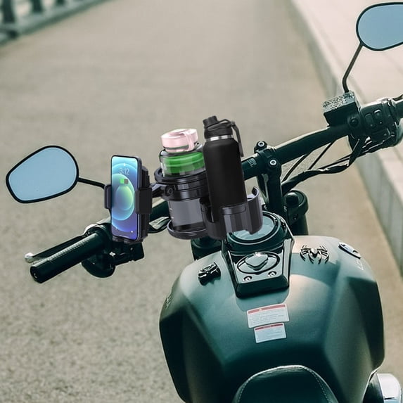 Motorcycle Cup Holder with Phone Mount Plastic Drink Support Bracket Universal Handlebar Accessory Stable Beverage Cage Navigation Stand for Bottles and Smartphones