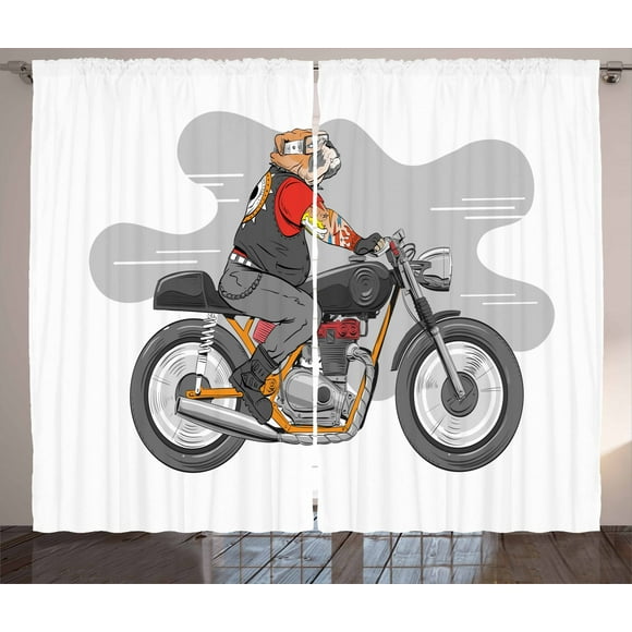 Ambesonne Motorcycle Curtains 2 Panel Set, English Bulldog Bike, 108" x 96", Multicolor