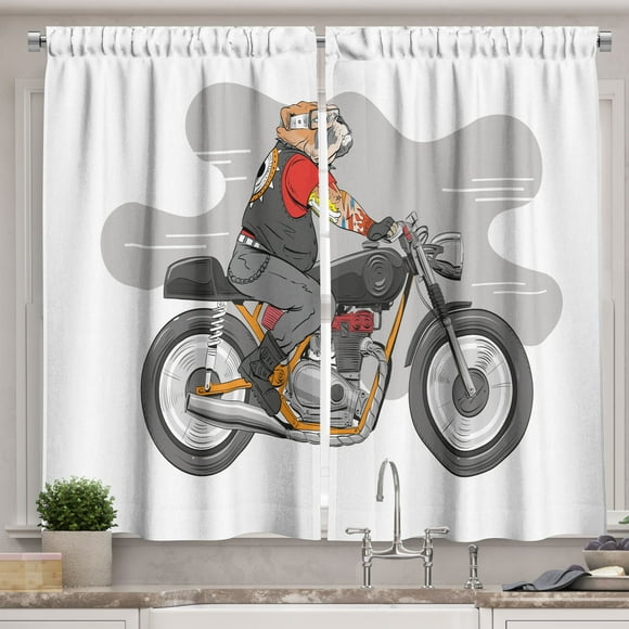Motorcycle Curtains 2 Panels Set, English Bulldog with Tattoos Cruising on a Bike Hand Drawn Colorful Character, Window Drapes for Living Room Bedroom, 55W X 39L Inches, Multicolor, by Ambesonne