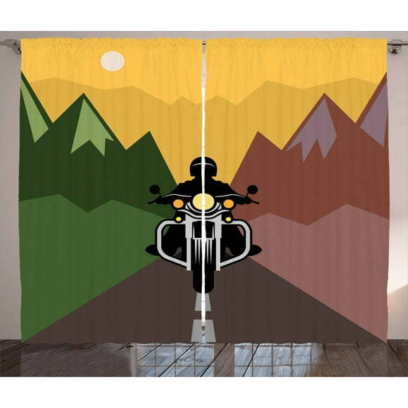 Ambesonne Motorcycle Curtains 2 Panel Set, Rider in Mountains, 108" x 90", Multicolor