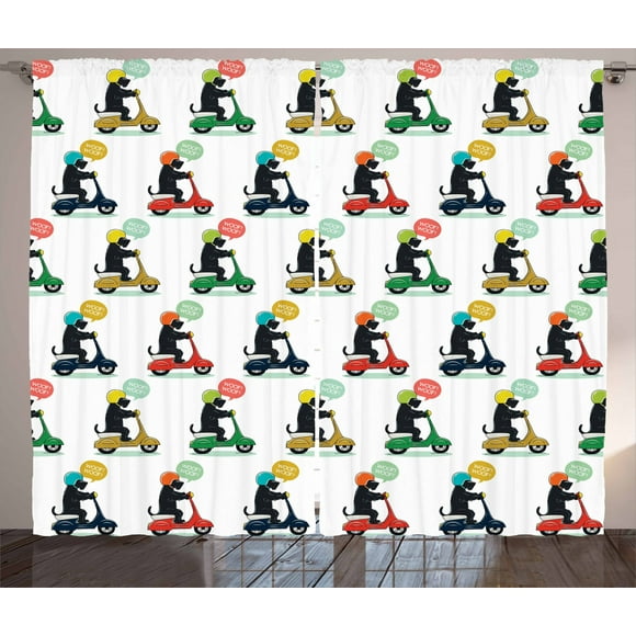 Ambesonne Motorcycle Curtains 2 Panel Set, Dog on the Scooter, 108" x 84", Multicolor