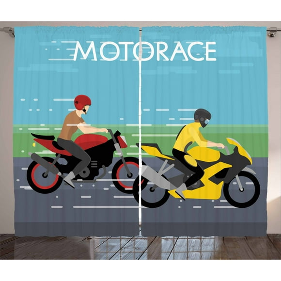 Ambesonne Motorcycle Curtains 2 Panel Set, 2 Bikers Racing, 108" x 108", Multicolor