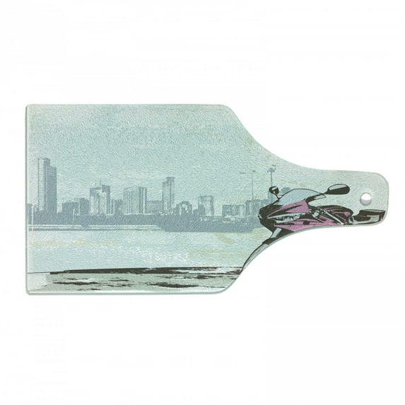 Motorcycle Cutting Board, Illustration of Sport Bike by River on Modern Cityscape Background with Skyline, Tempered Glass Cutting and Serving Board, Wine Bottle Shape, Pink Black, by Ambesonne