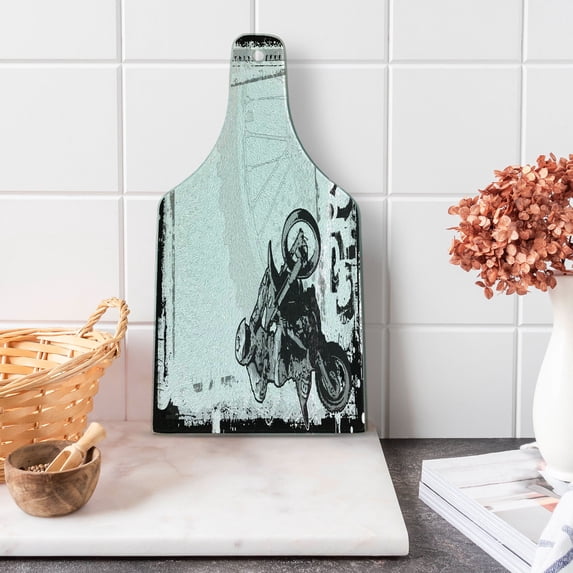 Motorcycle Cutting Board, Motocross Racer Image Grungy Background Poster Style Monochromic Art Print, Decorative Tempered Glass Cutting and Serving Board, Wine Bottle Shape, Black White, by Ambesonne