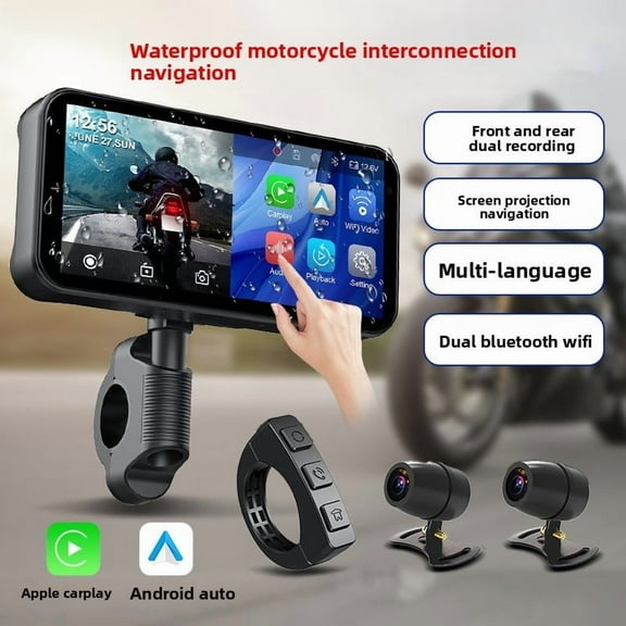 Motorcycle Dash Cam with Navigation Screen, Front and Rear Dual Cameras, CarPlay Android Auto, Bluetooth WiFi, Waterproof, 128G Support