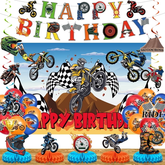 Motorcycle Dirt Bike Birthday Party Decoration for Boys Kids Motorcycle Motocross Dirt Bike Theme Happy Birthday Banner Backdrop Balloons Hanging Swirls Honeycomb Centerpiece for Party Supplies Y101