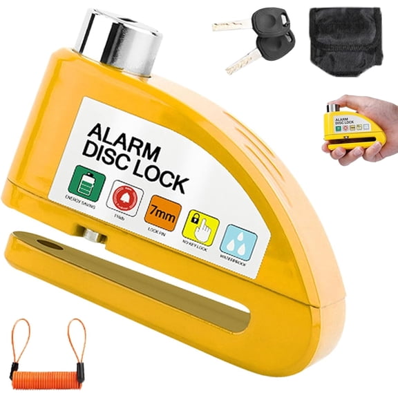 Motorcycle Disc Brake Lock with 110dB Alarm – Anti-Theft Security Lock with 4ft Reminder Cable for Scooters, Cruisers, E-Bikes – Waterproof, Includes 2 Keys & Carry Pouch