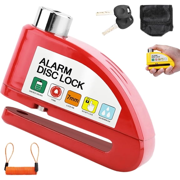 Motorcycle Disc Brake Lock with 110dB Alarm – Anti-Theft Security Lock with 4ft Reminder Cable for Scooters, Cruisers, E-Bikes – Waterproof, Includes 2 Keys & Carry Pouch