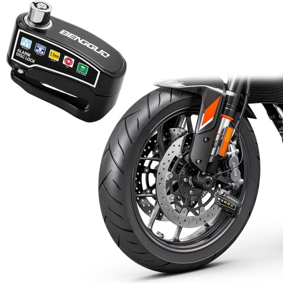 Motorcycle Disc Brake Lock with Alarm in Black, Anti-Theft Vibration Sensor Lock with 1.2M Reminder Cable for Scooter, E-Bike, and Motorcycle Security, Heavy Duty Hardened Steel, By Harlik