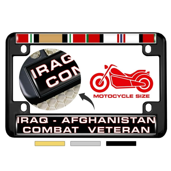 Motorcycle Domed Custom-Made Personalized Metal License Plate Frame with Iraq Afghanistan Combat Veteran & Ribbons Design - Black