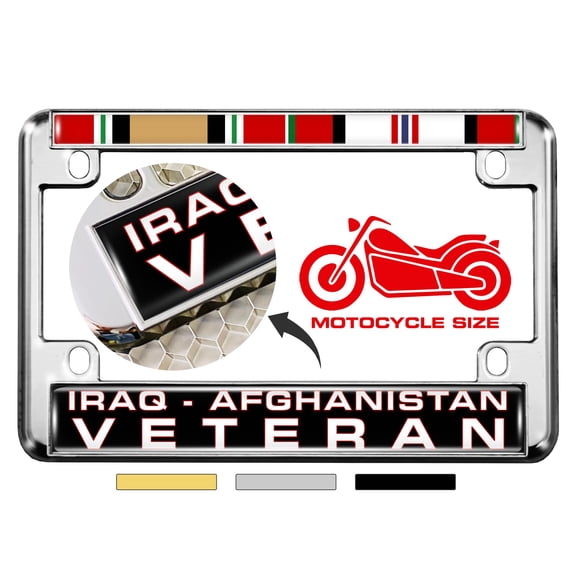 Motorcycle Domed Custom-Made Personalized Metal License Plate Frame Frame with Iraq Afghanistan Veteran & Ribbons Design- Chrome