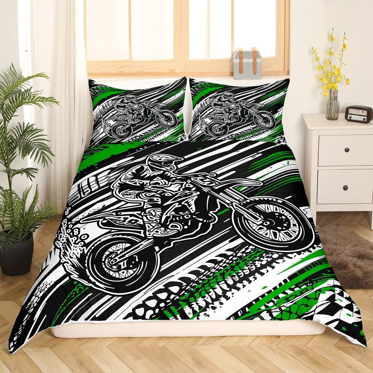 Motorcycle Duvet Cover Green Stripes Bedding Set for Kids Boys Girls