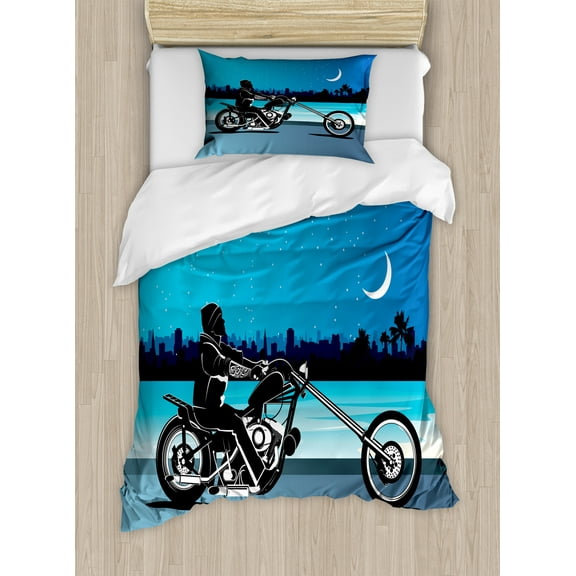 Motorcycle Duvet Cover Set, Art with Chopper Motorcycle Biker Riding Starry Night Sky Cityscape Silhouette, Decorative 2 Piece Bedding Set with 1 Pillow Shams, Twin Size, Black Navy, by Ambesonne