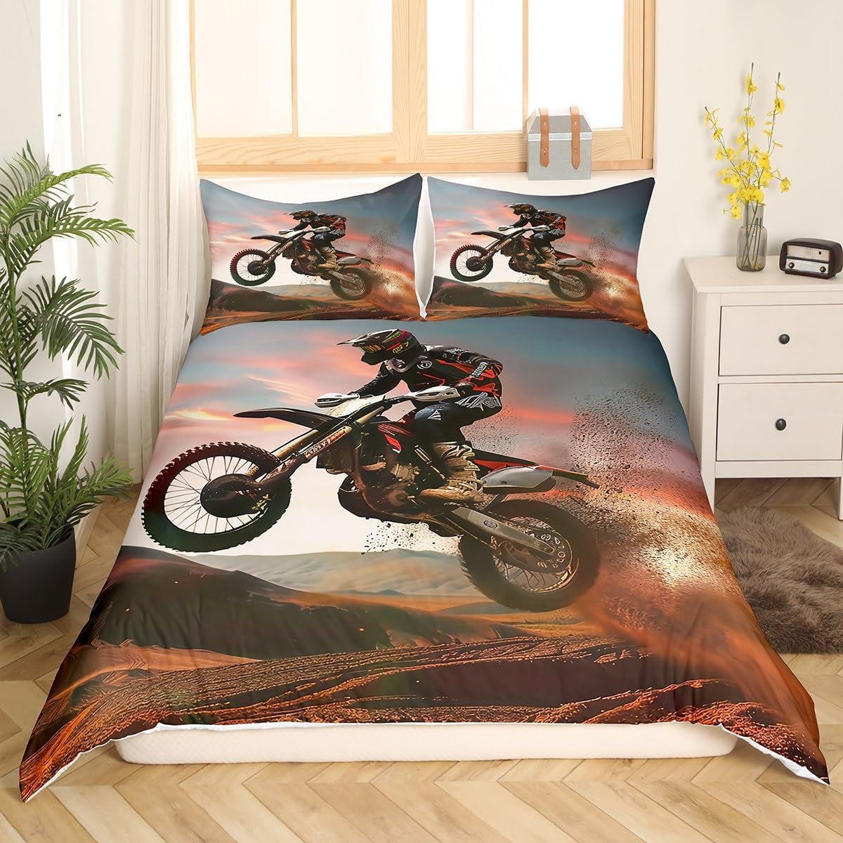 Motorcycle Duvet Cover Set Dirt Bike Bedding Set for Kids Boys Girls
