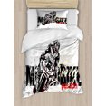 thumbnail image 1 of Motorcycle Duvet Cover Set, Motorbike Illustration Doted Grungy Background Super Bike Passion Silhouette, Decorative 2 Piece Bedding Set with 1 Pillow Shams, Twin Size, Black Yellow, by Ambesonne, 1 of 3
