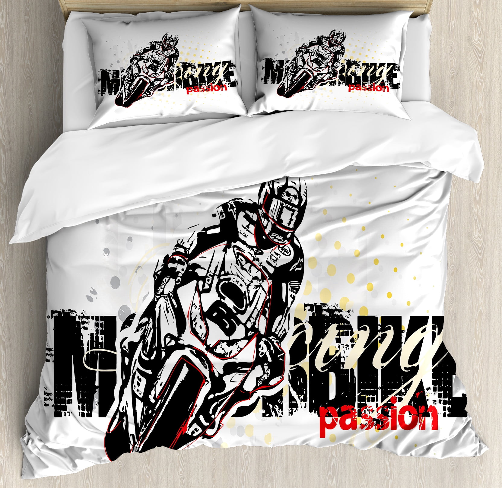 Motorcycle Duvet Cover Set, Motorbike Illustration Doted Grungy