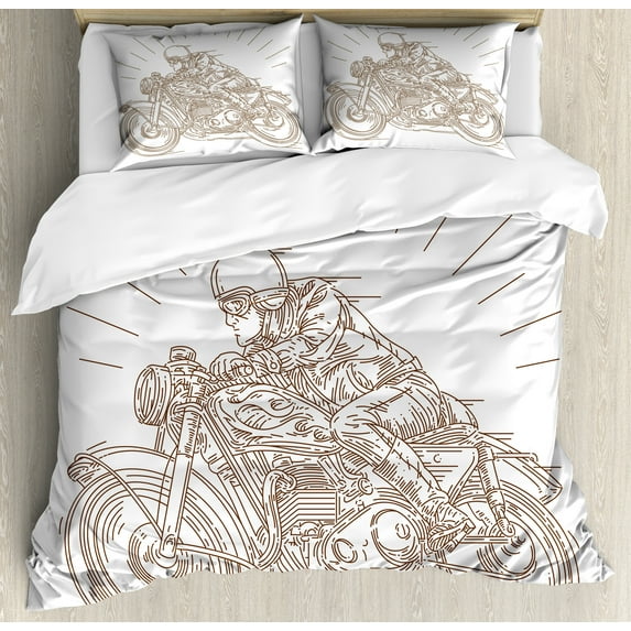 Motorcycle Duvet Cover Set, Outline Drawing of a Classic Racer Making a Turn Vintage Style Art Print, Decorative 3 Piece Bedding Set with 2 Pillow Shams, Queen Size, Taupe and White, by Ambesonne