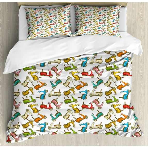 Motorcycle Duvet Cover Set Queen Size, Famous Moped Bikes in Cartoon Style and Different Colors Retro Italian Scooters, Decorative 3 Piece Bedding Set with 2 Pillow Shams, Multicolor, by Ambesonne