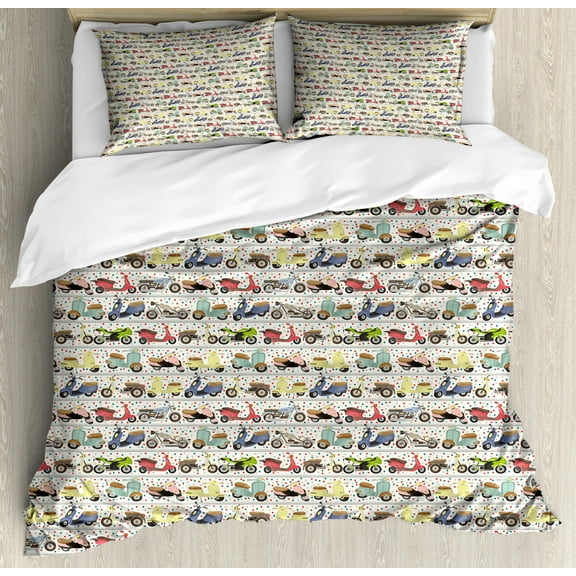 Motorcycle Duvet Cover Set Queen Size, Vintage Multicolored Motorcycles Old and Modern and Lively Spots in Background, Decorative 3 Piece Bedding Set with 2 Pillow Shams, Multicolor, by Ambesonne