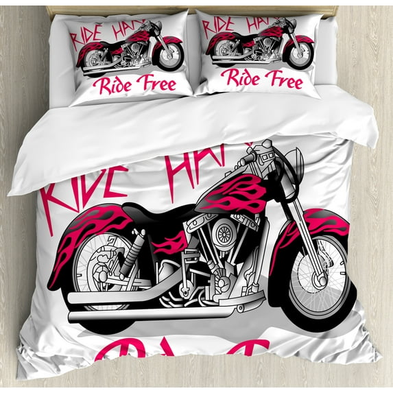 Motorcycle Duvet Cover Set, Ride Hard and Free Cool Calligraphy Vehicle Art Motifs, Decorative 3 Piece Bedding Set with 2 Pillow Shams, King Size, Charcoal Grey and Hot Pink, by Ambesonne
