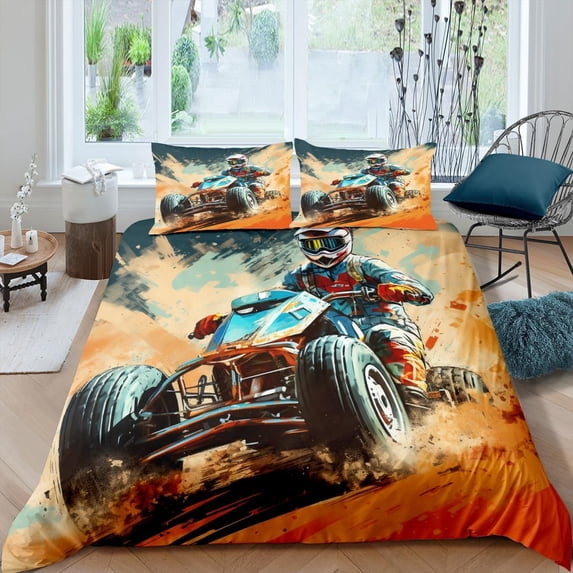 Motorcycle Duvet Cover Sportsman Bedding Set Cool Vehicle Extreme Sports Duvet Cover Set Stylish Motocross Racer Comforter Cover Yellow Black Duvet Covers