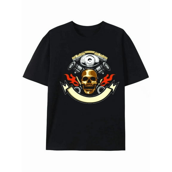 Motorcycle Engine & Gold Skull Graphic T-shirt