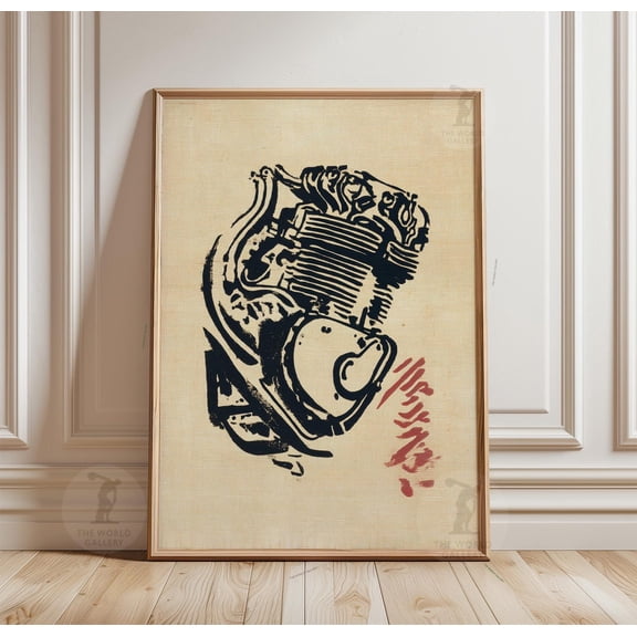 Motorcycle Engine Poster Mechanical Illustration Print Ink Style Garage Wall Art