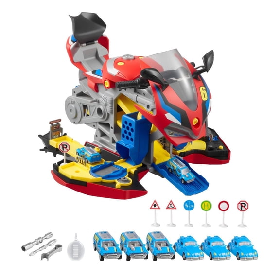 Motorcycle Engine Toy 25 Pieces, Mechanic Workshop Set with Lights & Sounds, Transformable Ride-On Toy for Toddlers 3+ Years, STEM Learning, Red