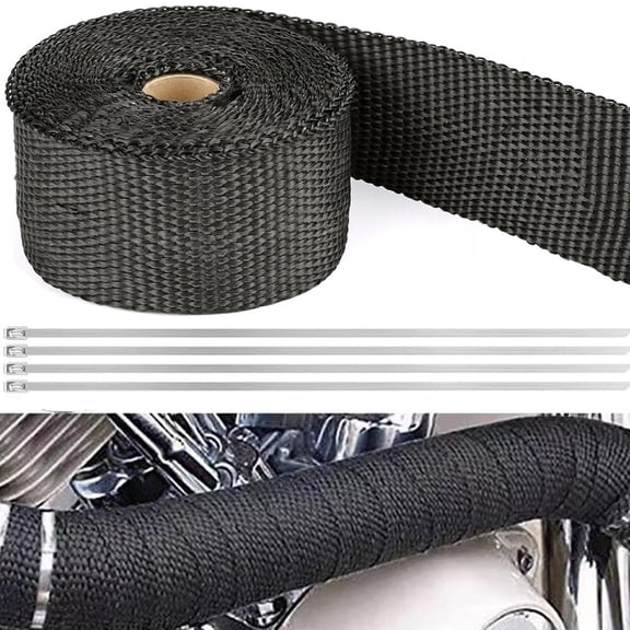 Motorcycle Exhaust Wrap, Fiberglass Exhaust Header Wrap Tape with 4Pcs Self-Locking Stainless Steel Zip Ties,1 Roll 2" x 16.4ft Black Heat Shield Tape for Motorcycle Car Truck