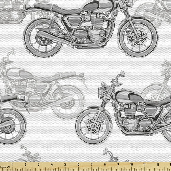 Ambesonne Motorcycle Fabric by the Yard Upholstery, Details in Grayscale, 1 Yard, Grey White Black