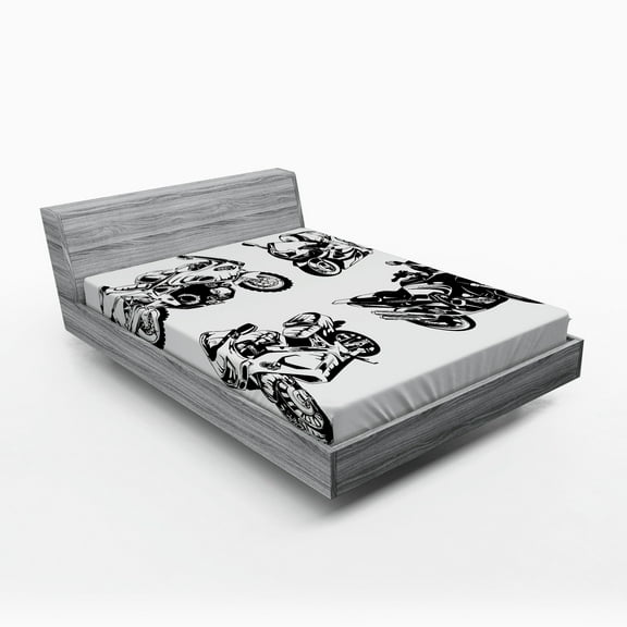 Motorcycle Fitted Sheet, Cartoon Motorbike Speed Race Sport Hobby Lifestyle on the Roads Print, Soft Decorative Fabric Bedding, Full Size, Orange Black, by Ambesonne