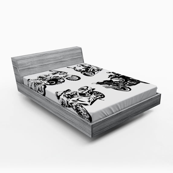 Motorcycle Fitted Sheet, Cartoon Motorbike Speed Race Sport Hobby Lifestyle on the Roads Print, Soft Decorative Fabric Bedding, Full Size, Orange Black, by Ambesonne