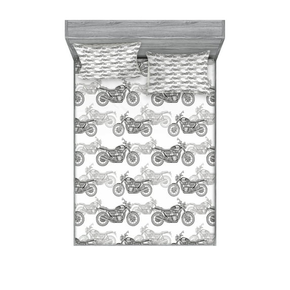 Motorcycle Fitted Sheet & Pillow Sham Set, Realistic Grayscale Illustration of Classic Motorcycles Many Details, Decorative Printed 6 Piece Bedding Decor Set, Queen, Grey White Black, by Ambesonne