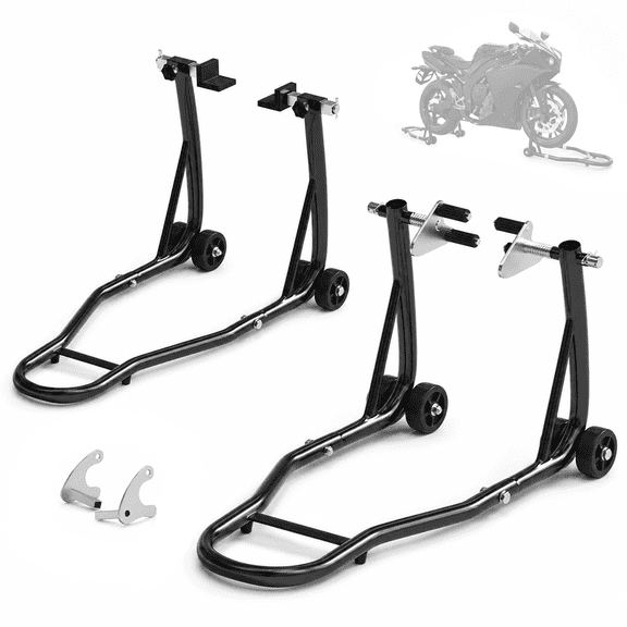 Motorcycle Front and Rear Stand Combo, 850 lb Adjustable Steel Paddock