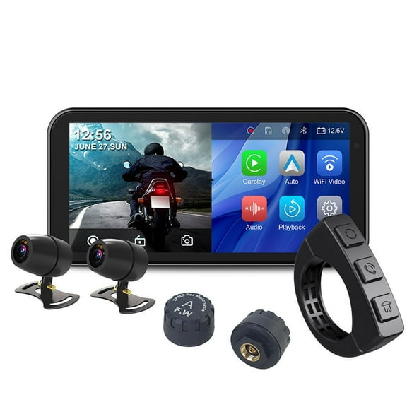Motorcycle GPS Navigation Screen with 1080P Dash Cam Front and Rear with Carplay and Android Auto 6.25in Touchscreen for Scooter and Moped Bluetooth Wifi Loop Recording Tire Pressure Monitoring