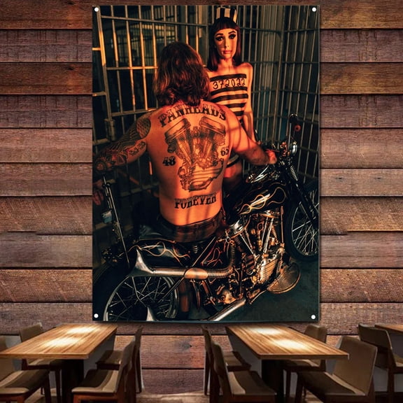 Motorcycle Garage Retro Banner Flag Hot Rod Decoration High Heels Babes Poster Vintage Sign Motor Car Man Cave Pub Club Bar,38X57 inches