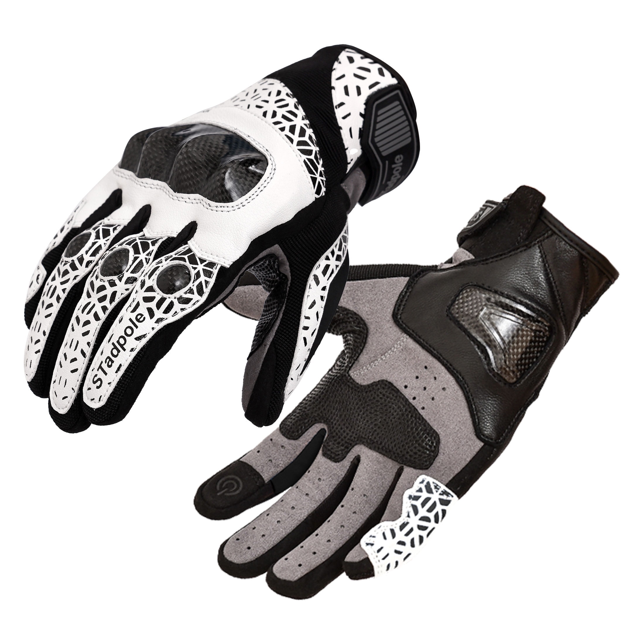 Motorcycle Gloves for Men Hard Knuckle Touchscreen Full Finger Leather Gloves Protection Riding Driving, White + Black